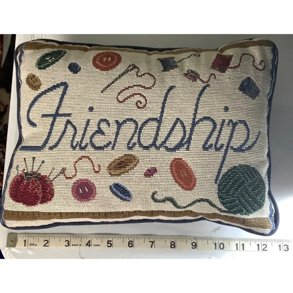 Vtg Friendship Sewing Notions 8x12 Decorative Lumbar Tapestry‎ Pillow Seamstress